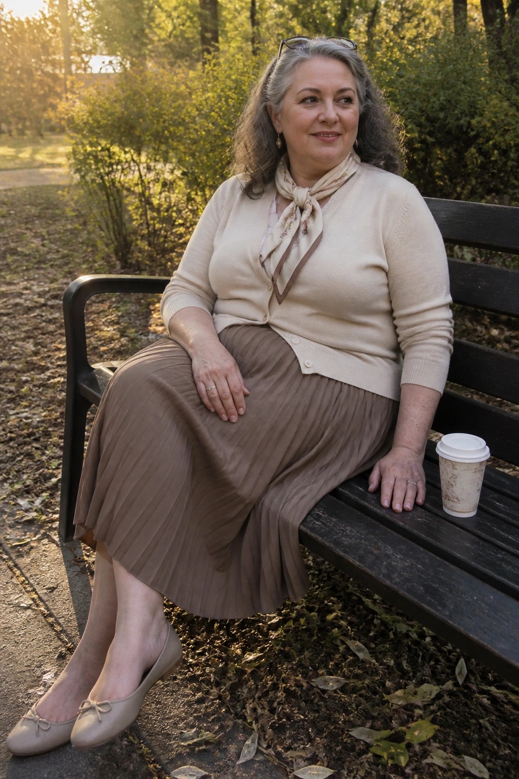 Gray-haired woman in beige cardigan and brown skirt sits on park bench with coffee