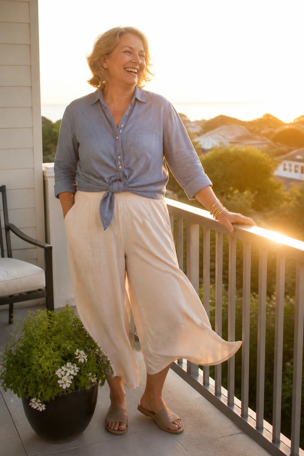 Smiling woman in blue tied shirt and white wide-leg pants on sunny balcony.