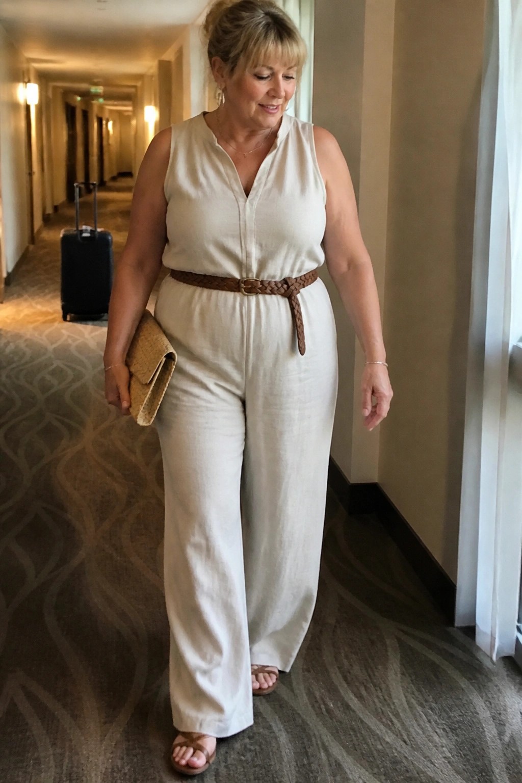 Woman in cream jumpsuit with brown braided belt holding clutch in hotel hallway