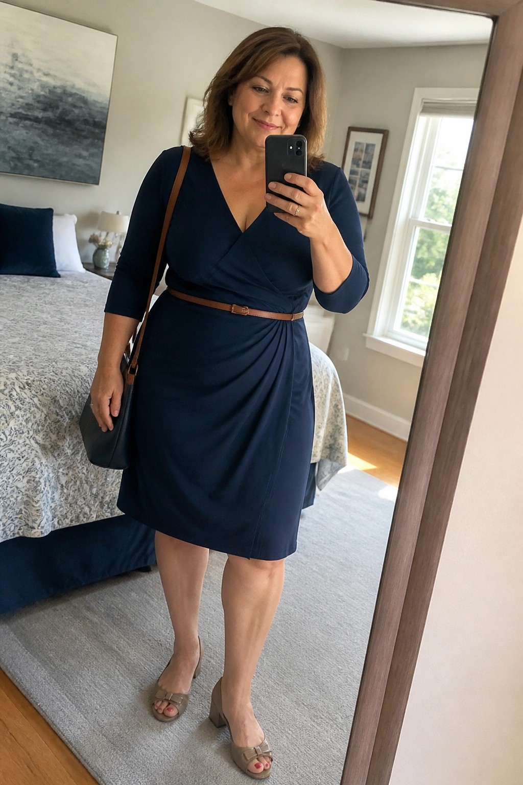 Woman in navy wrap dress taking mirror selfie in bedroom with handbag