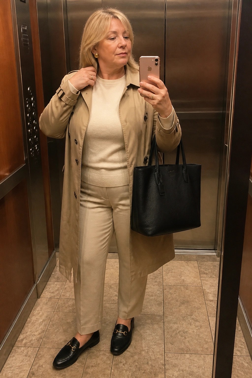 Woman in beige trench coat taking selfie in elevator holding black tote bag.