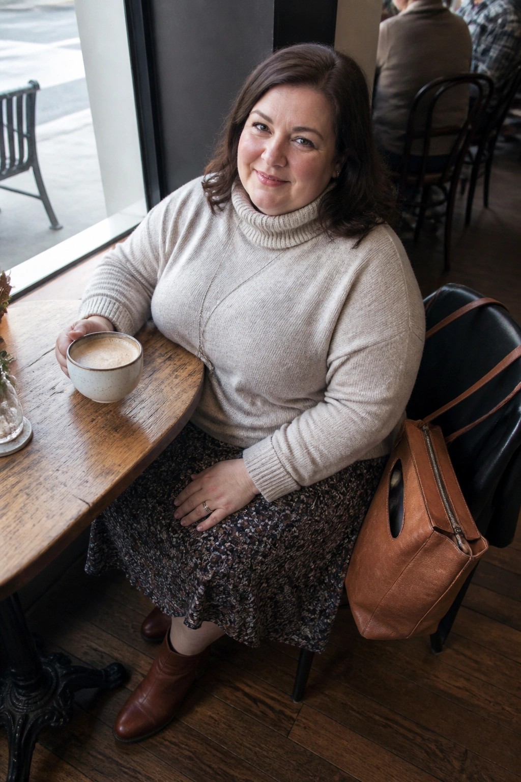 Woman in beige turtleneck sweater holds coffee at wooden cafe table beside brown bag