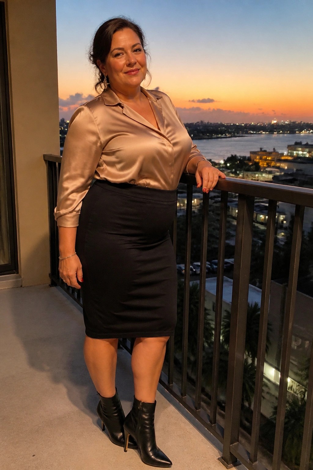Woman in beige satin blouse and black skirt on balcony at sunset