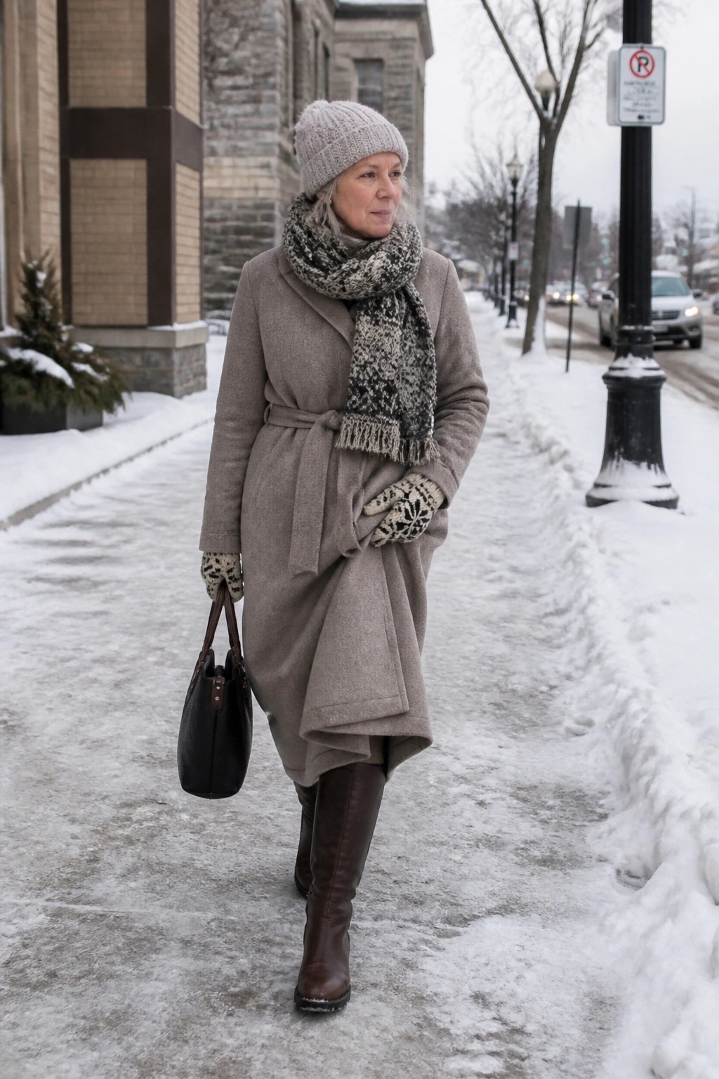 Woman in gray coat, patterned scarf and hat, carrying bag on snowy sidewalk
