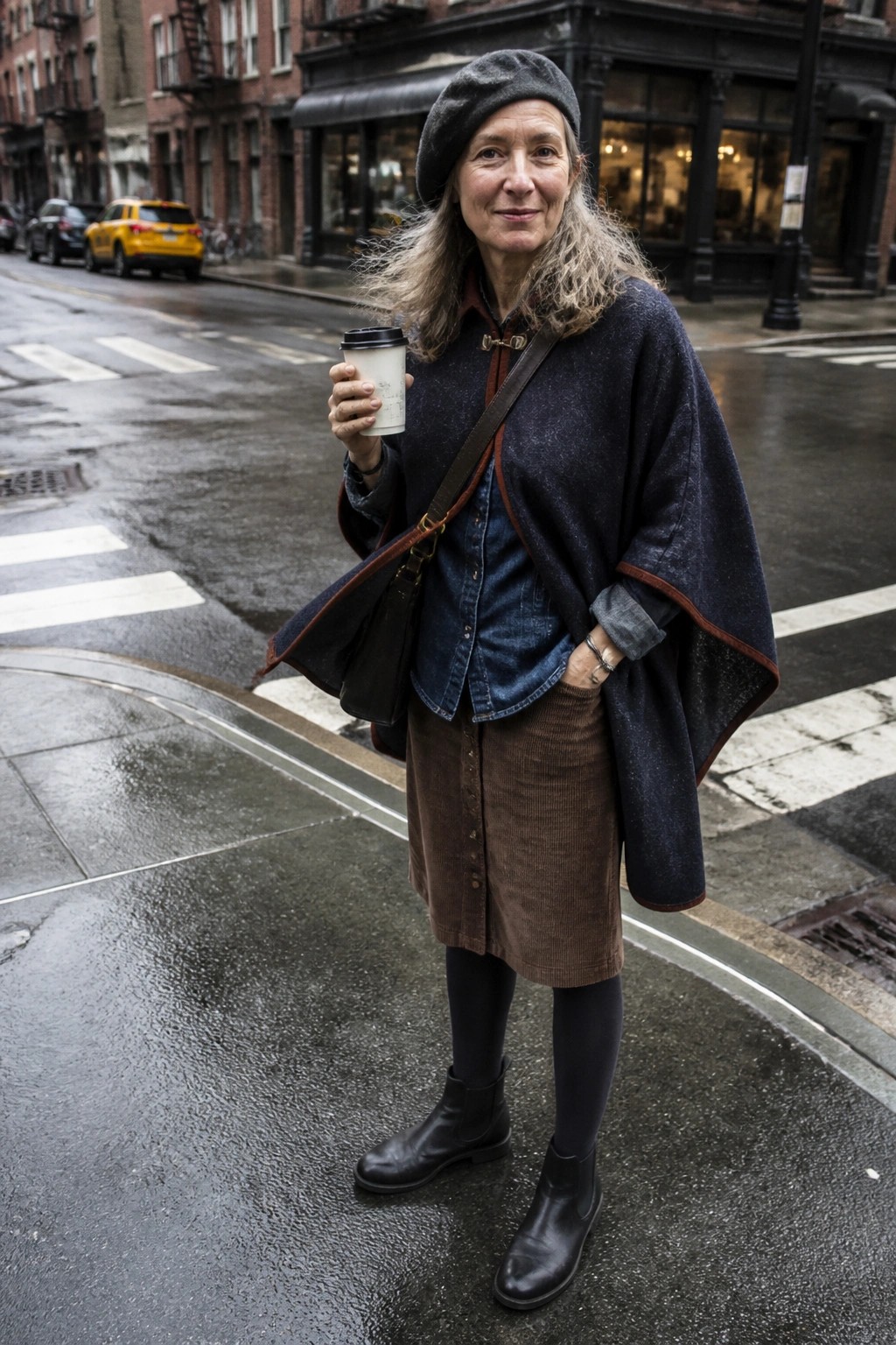 Woman in gray beret and blue poncho holds coffee on rainy city street