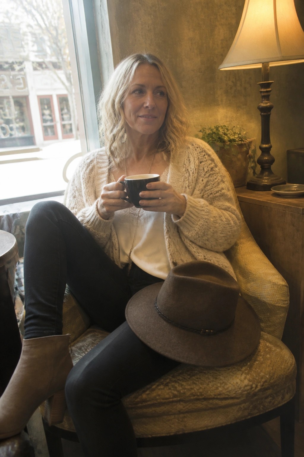 Blonde woman in cream cardigan holds black mug, brown hat on lap