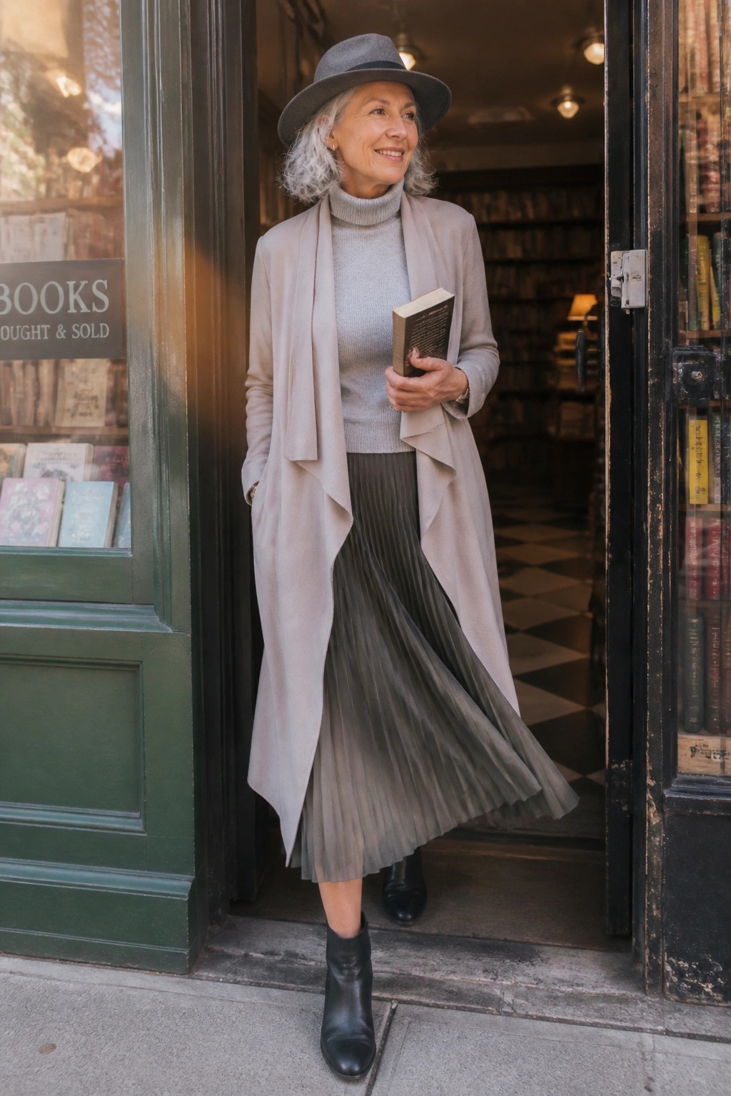 Woman over 50 wearing a long beige coat open over a gray turtleneck sweater and pleated gray midi skirt paired with black ankle boots and a gray fedora hat while holding a book