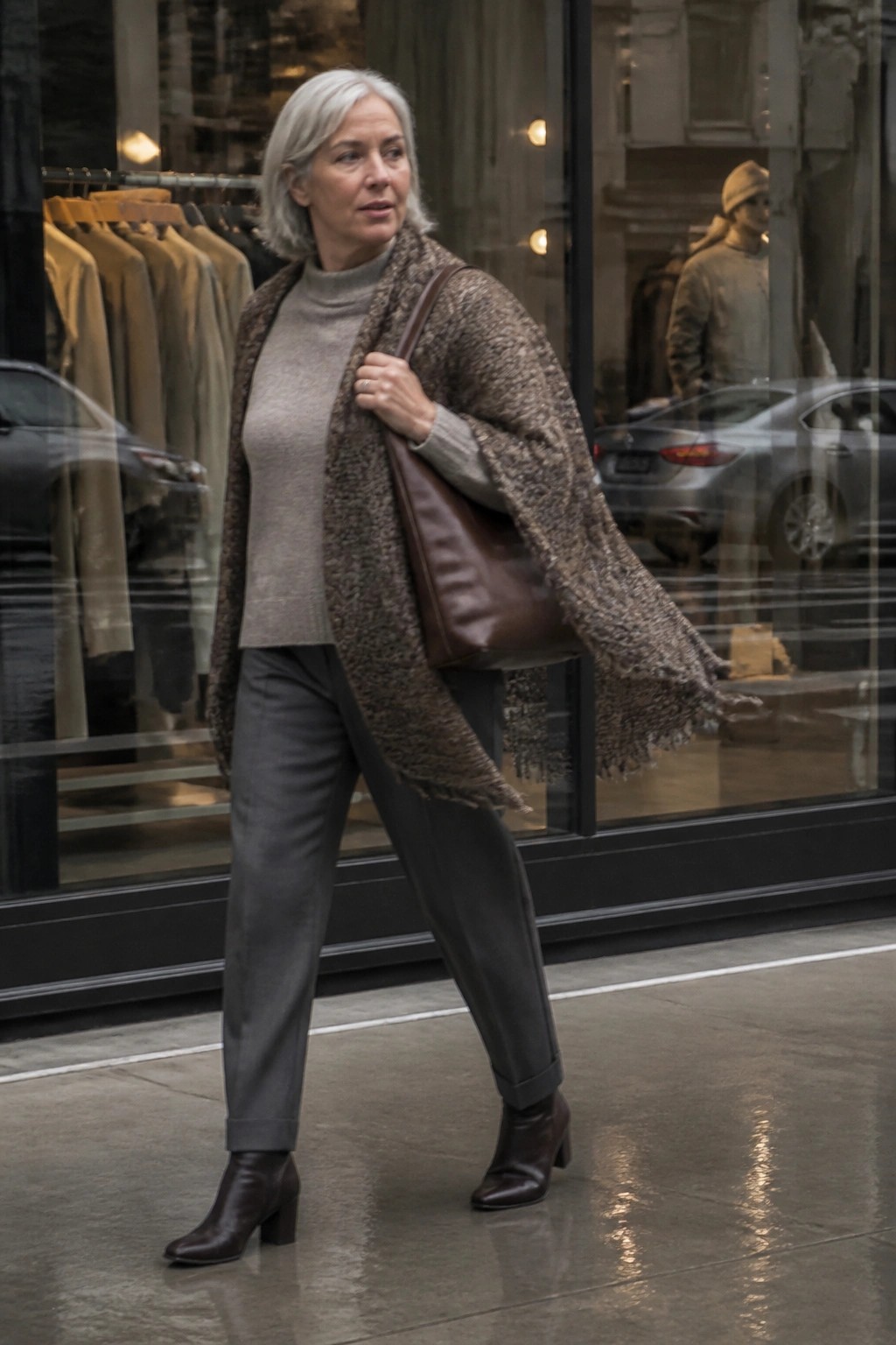 Silver-haired woman in beige sweater and fringed brown shawl carries leather bag on sidewalk