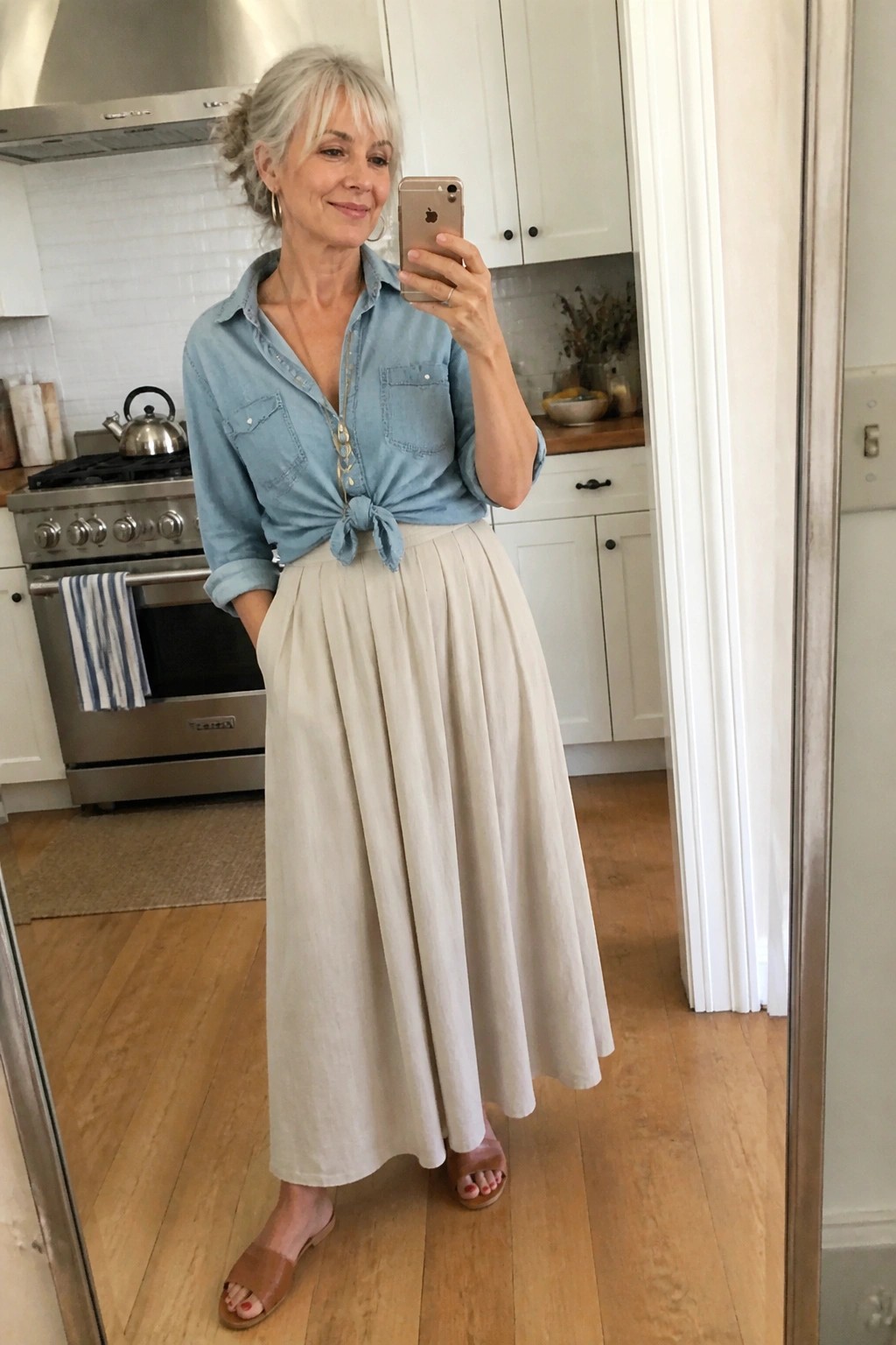 Woman with gray hair in light blue denim shirt tied at waist and beige skirt.