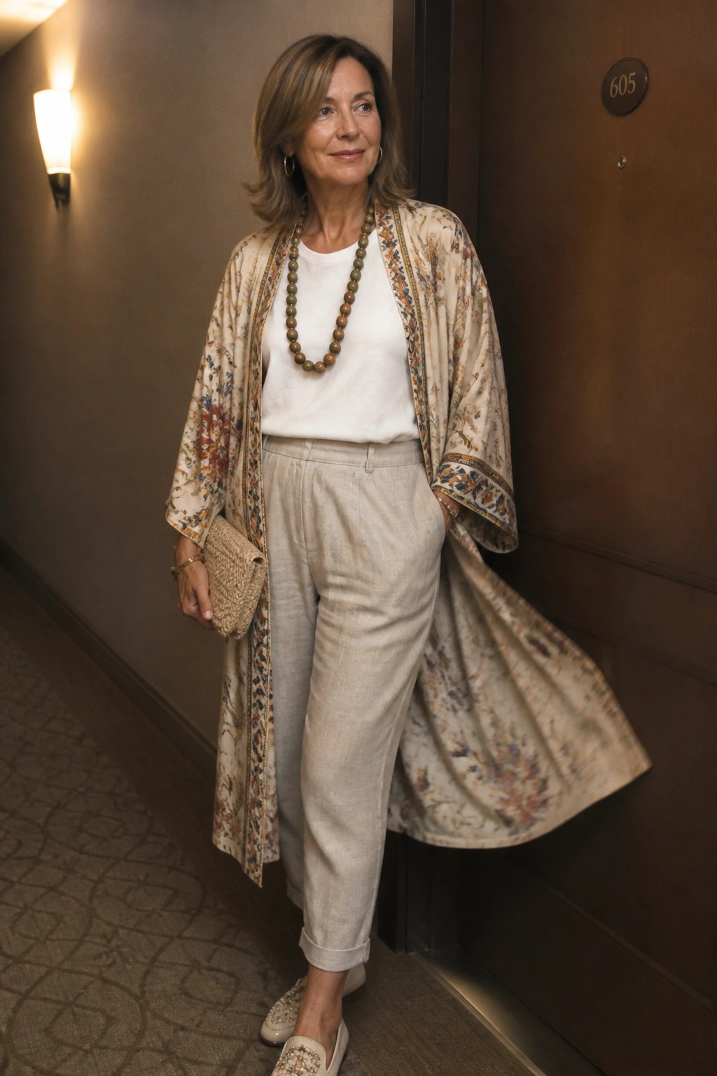 Elegant woman in floral kimono jacket, linen pants, and beaded necklace in hallway