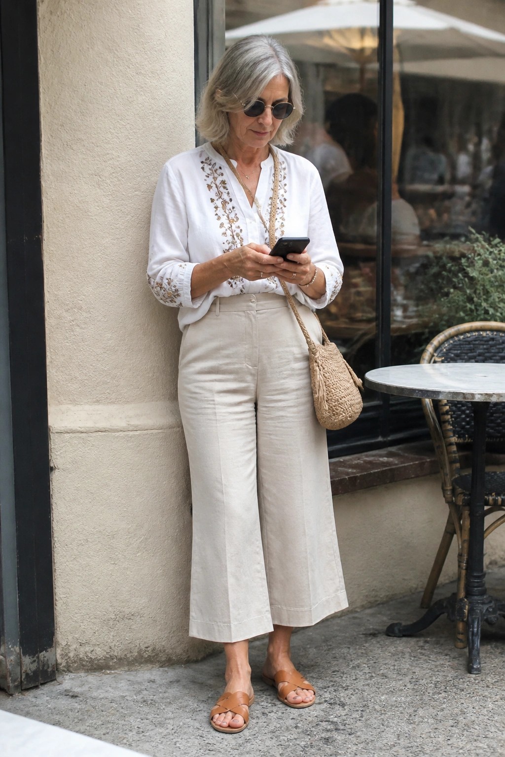 Woman over 60 wearing white long sleeve blouse with brown embroidery paired with beige wide leg cropped linen pants brown leather sandals and woven crossbody bag