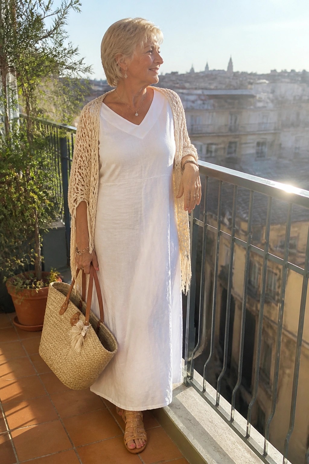 Woman over 60 in white linen maxi dress layered with beige open knit crochet cardigan, straw tote bag, and neutral strappy sandals.