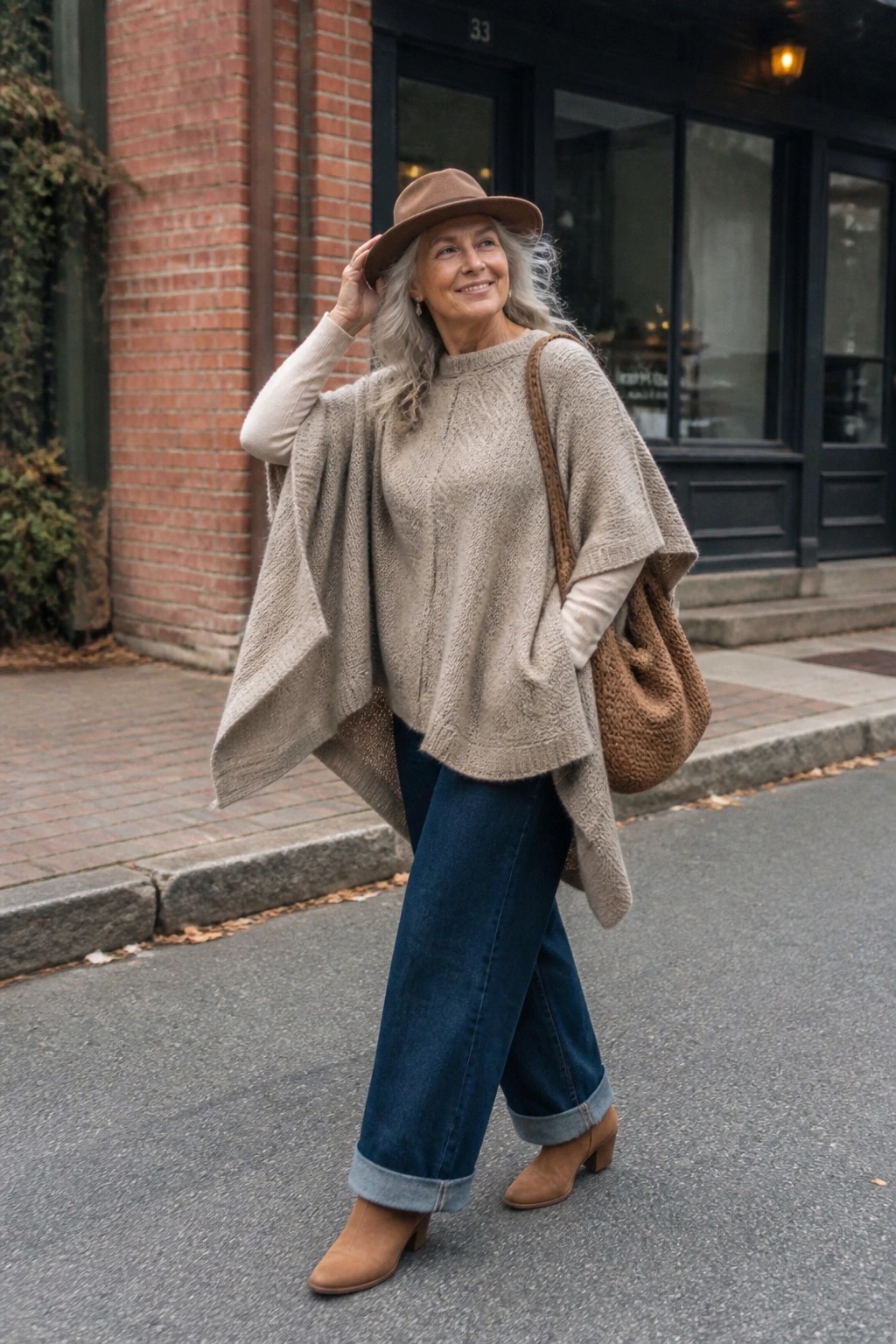 A woman over 60 in a beige textured poncho sweater over a cream long sleeve top, paired with cuffed blue wide leg jeans, brown suede ankle boots, a brown hat, and a matching woven shoulder bag.