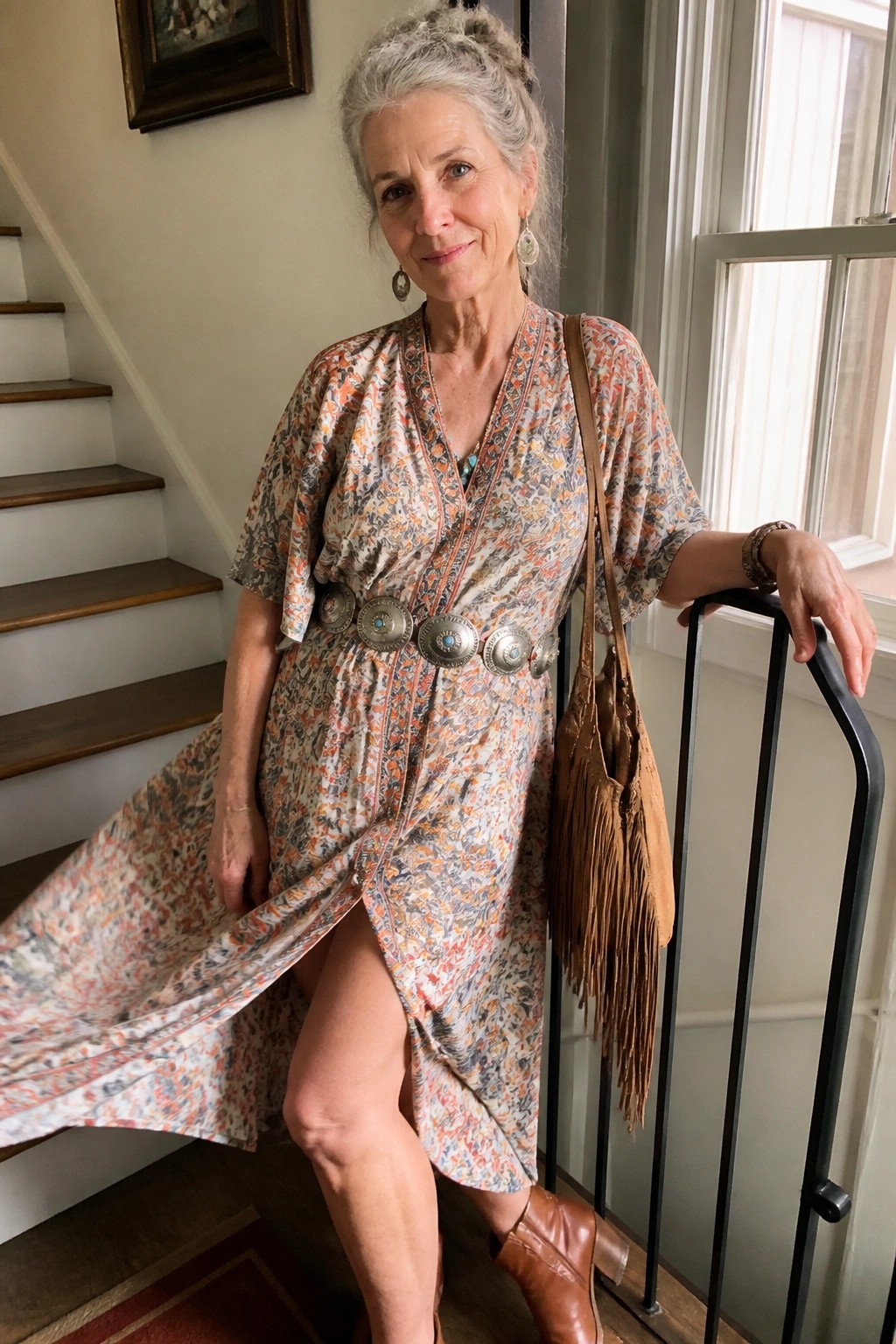 Silver-haired woman in floral dress with concho belt and fringed bag on stairs