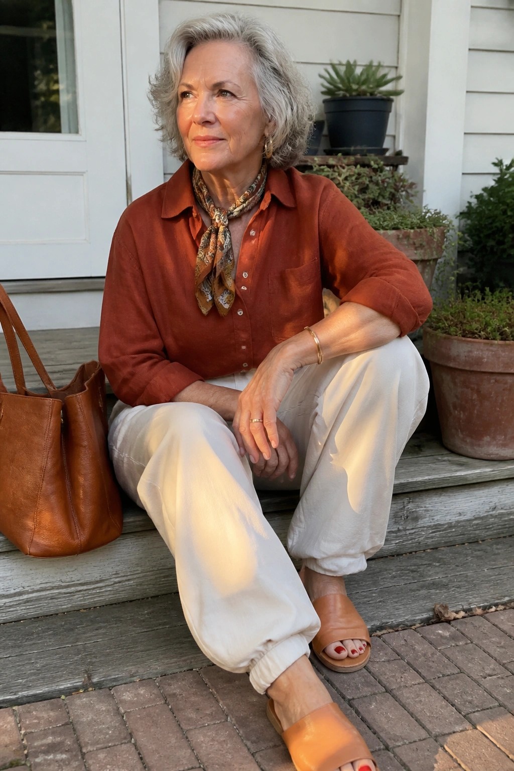 Silver-haired woman in rust shirt, scarf, and white pants sits on porch steps with leather bag