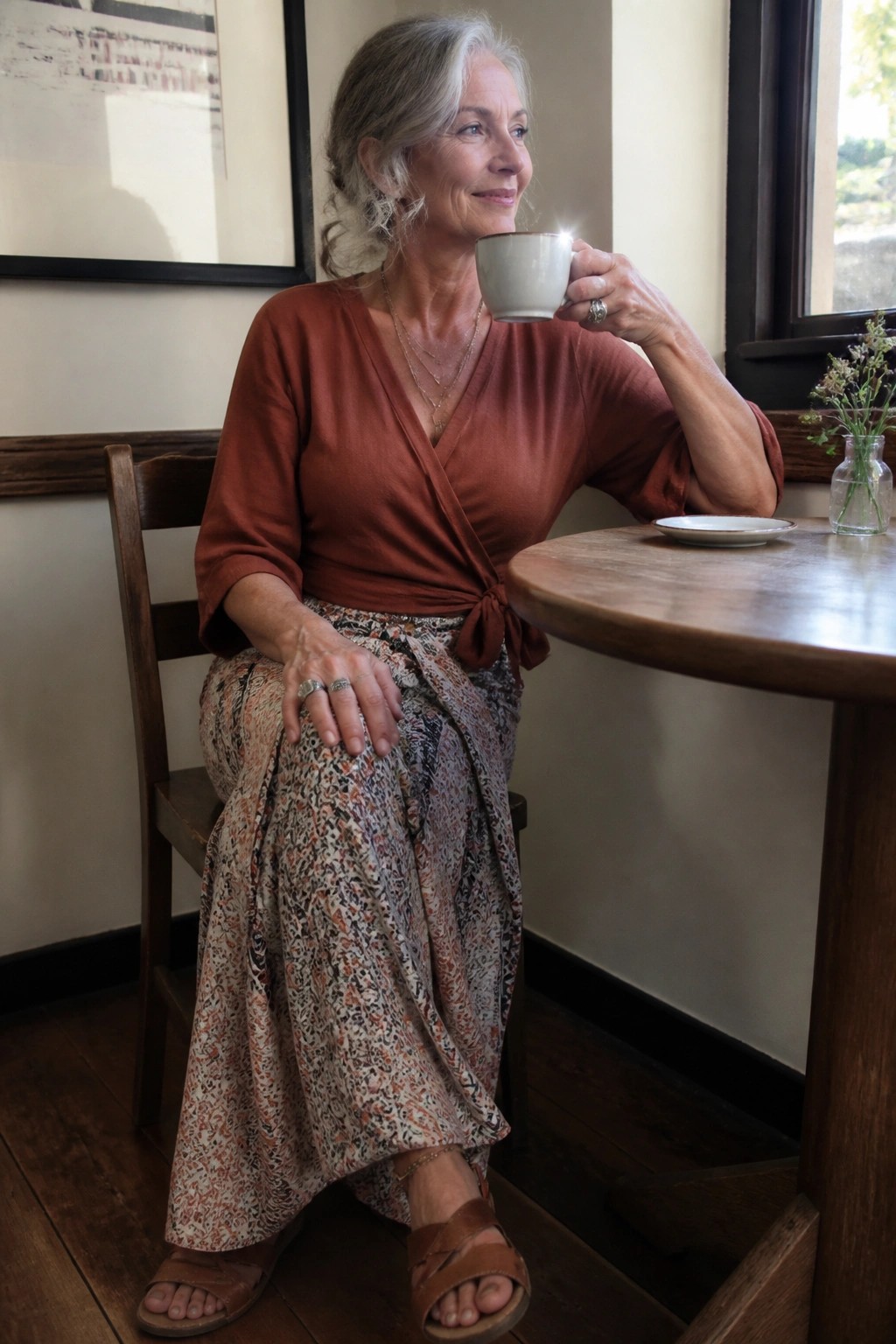 Gray-haired woman in rust wrap top and patterned skirt sips from mug at wooden table.