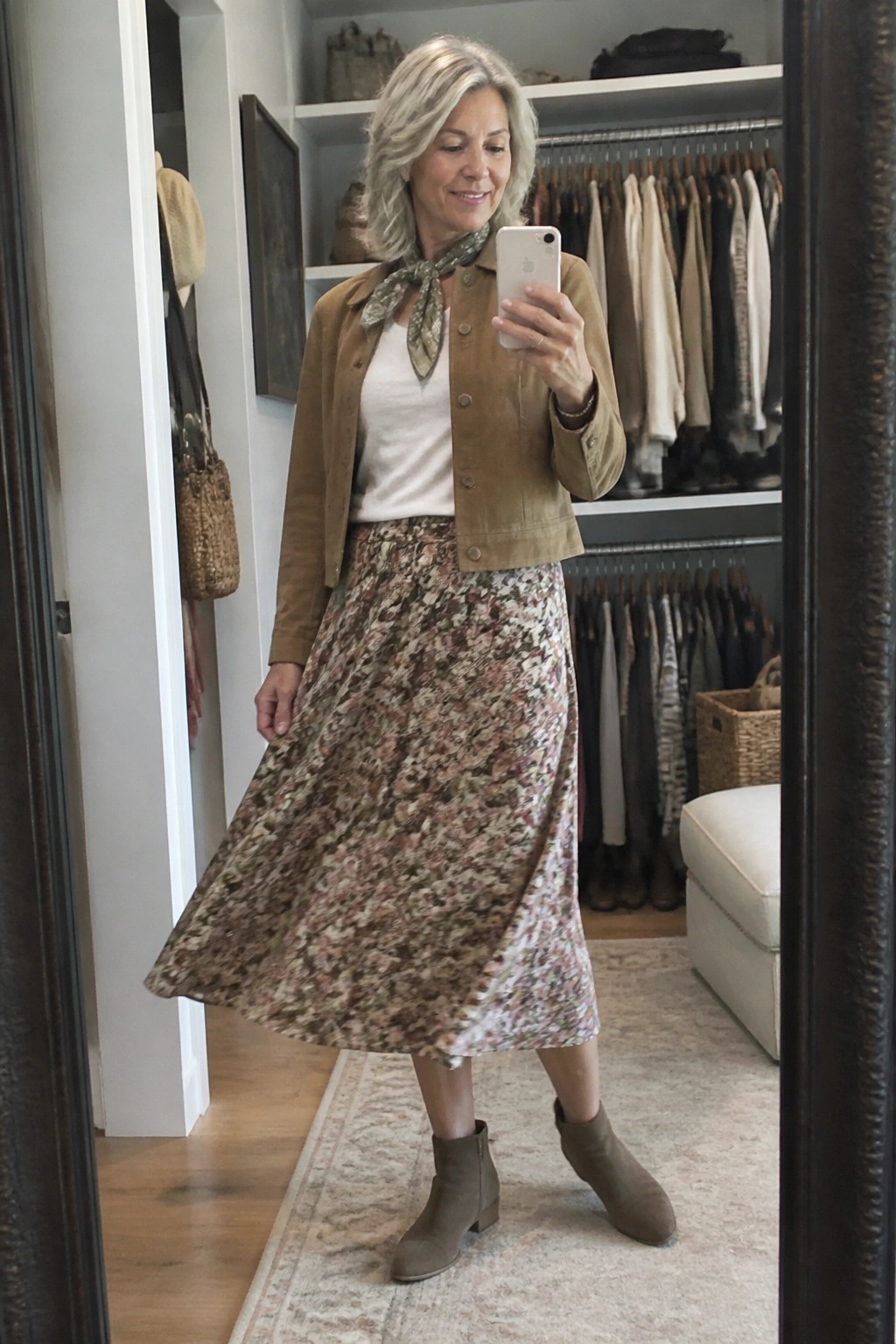Woman in floral skirt and brown suede jacket taking mirror selfie in closet
