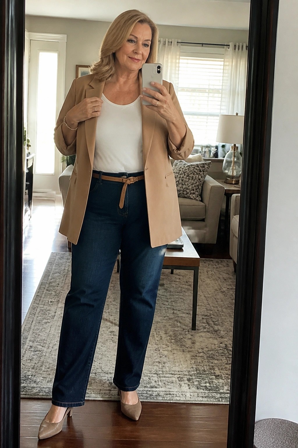 Woman in tan blazer, white top, and blue jeans taking living-room mirror selfie.