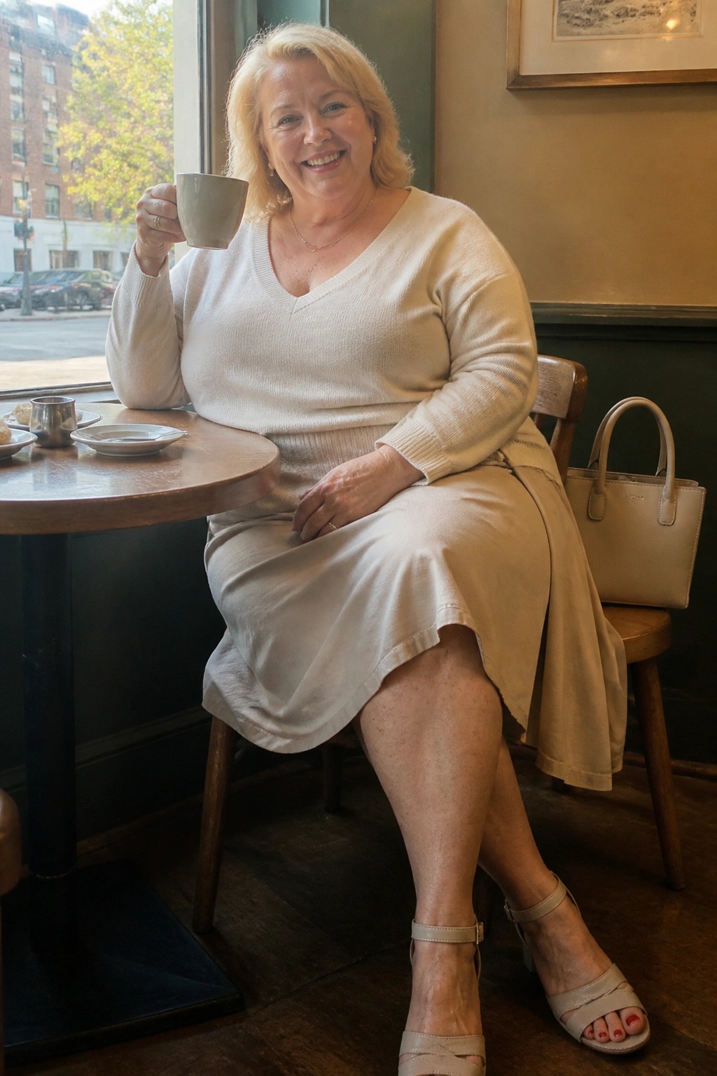 Smiling blonde woman in cream sweater holding mug at cafe table by window