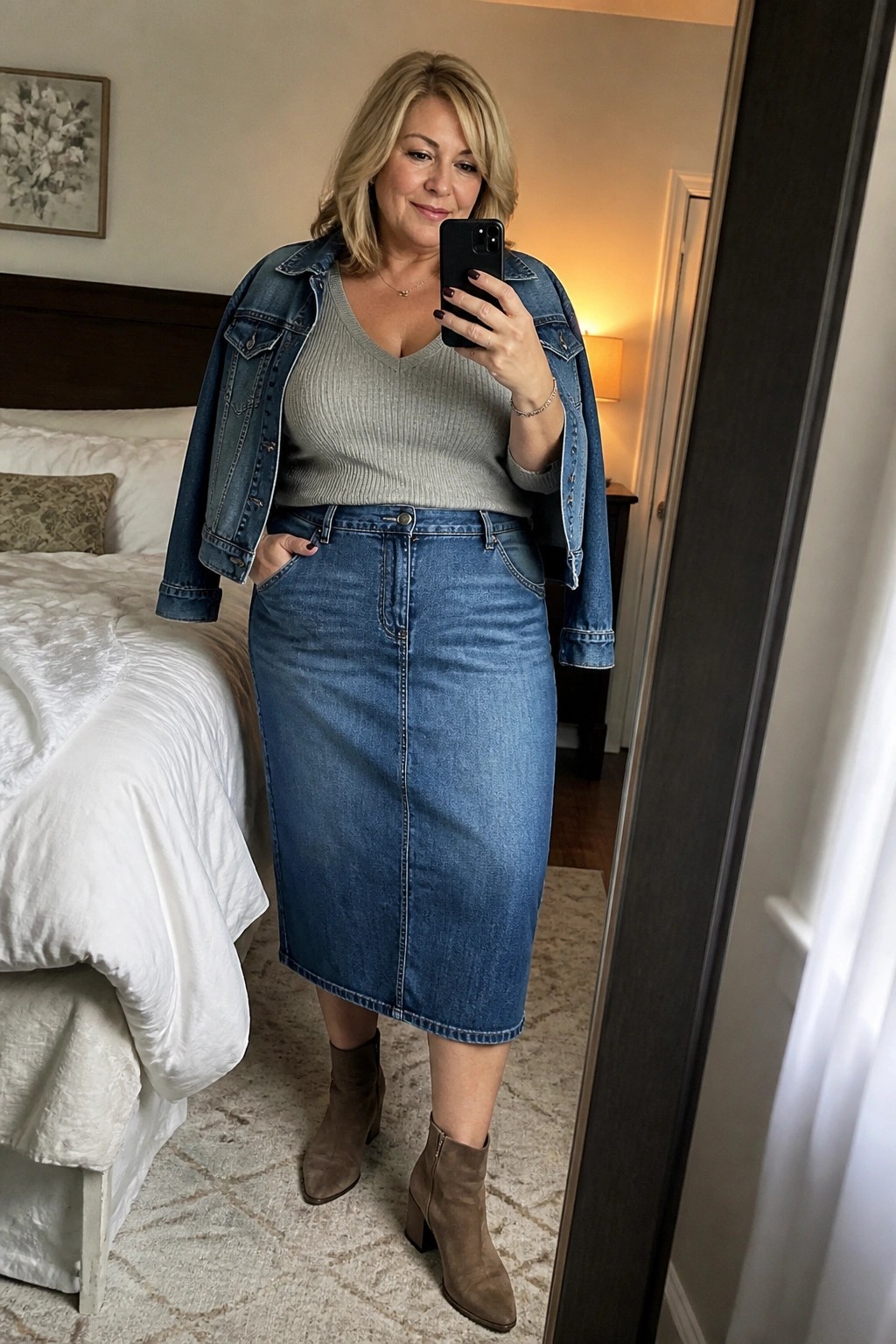 Woman in denim jacket and midi skirt taking mirror selfie in bedroom.