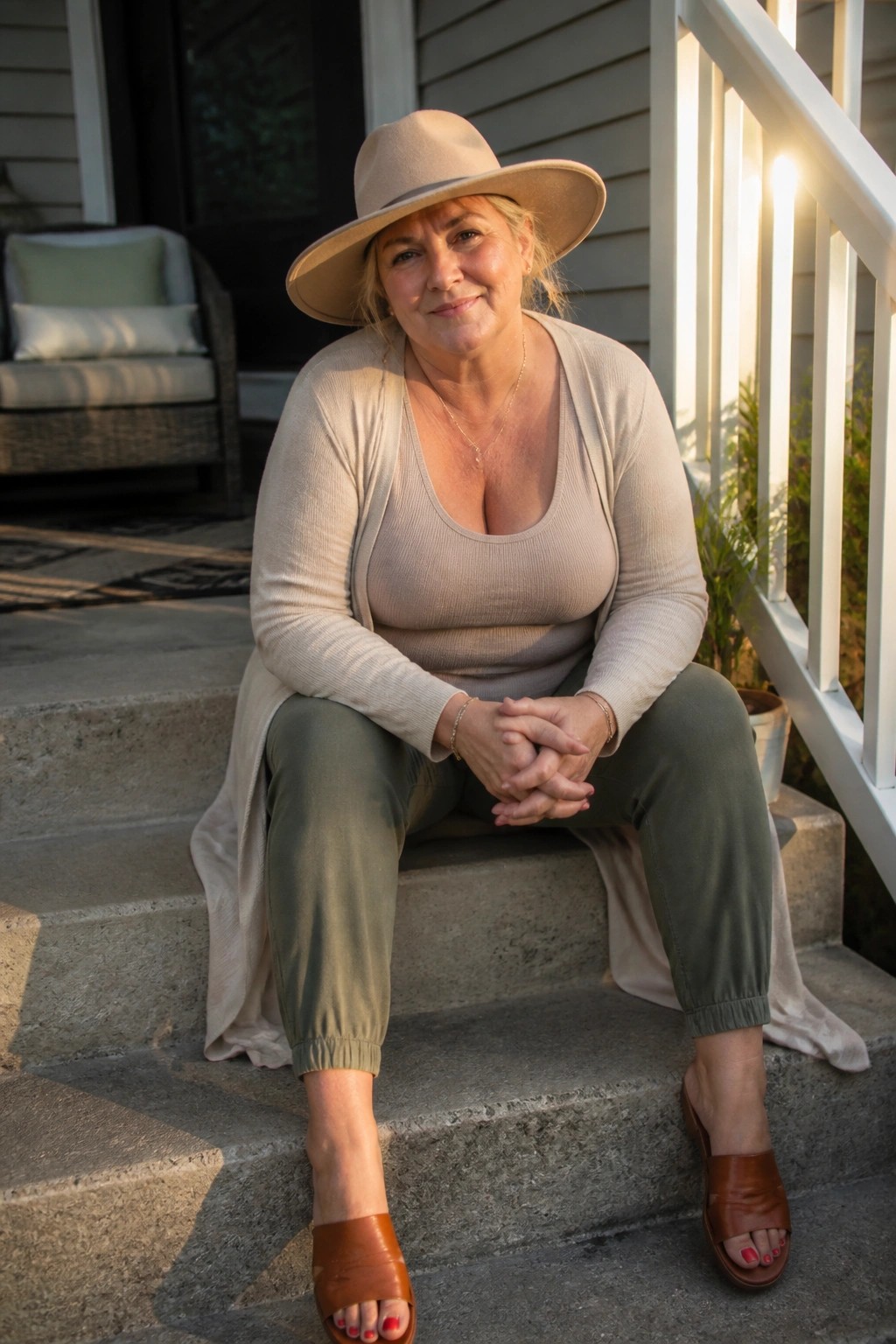 Woman in beige wide hat and cardigan seated on sunny concrete steps.