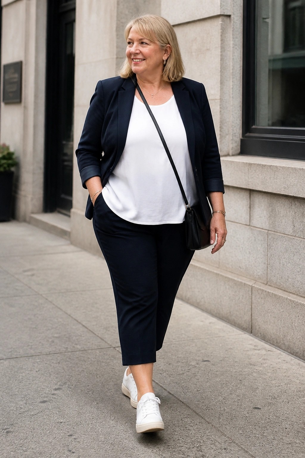Smiling blonde woman in navy blazer and pants walks on city sidewalk in white sneakers.