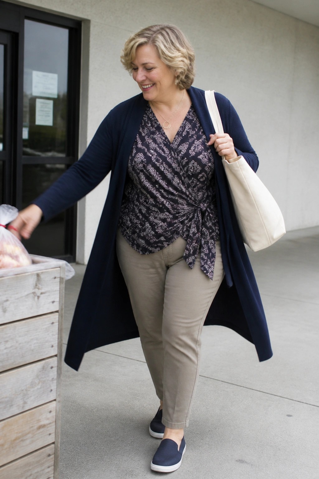 Plus size woman over 50 in open navy cardigan over patterned wrap top with khaki pants and navy slip on shoes carrying a cream tote bag.