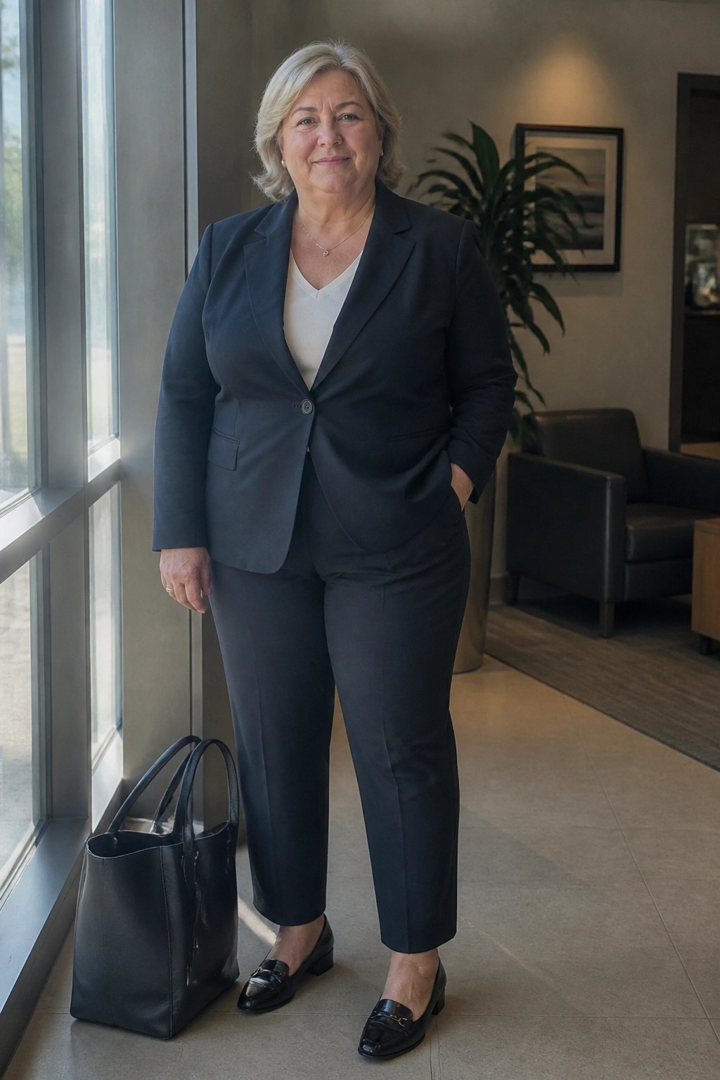 Gray-haired woman in dark pantsuit with hand in pocket beside black leather bag