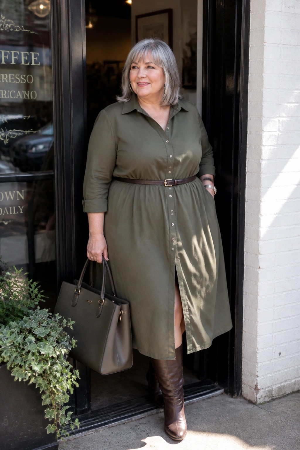 Plus size woman over 50 wearing an olive green belted shirt dress with brown knee high boots and carrying a matching handbag while standing in a doorway.