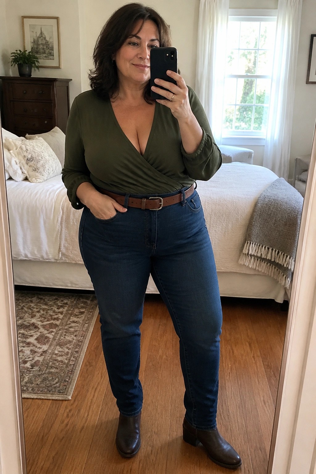 Woman in green wrap top and blue jeans taking mirror selfie in bedroom