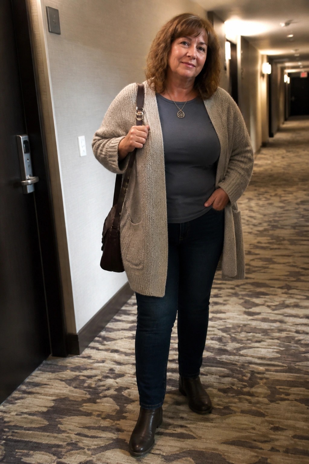 Woman in beige cardigan over gray top and jeans in hotel hallway