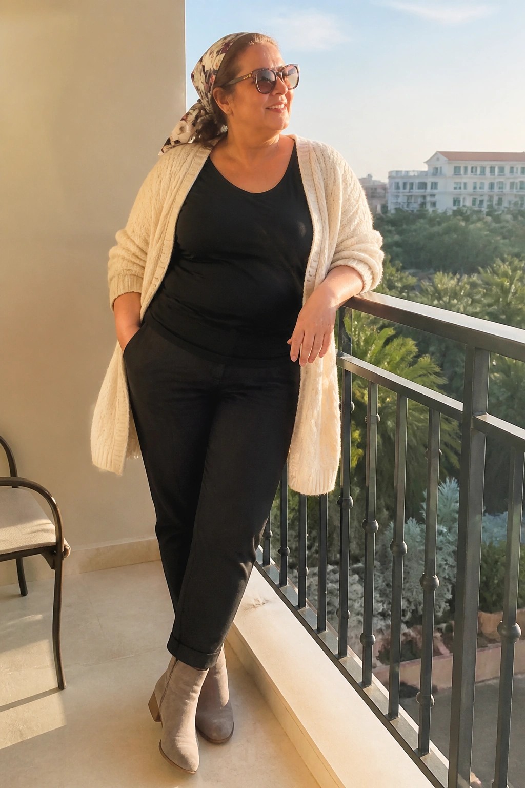 Woman in black top and pants with cream cardigan and headscarf on sunny balcony.