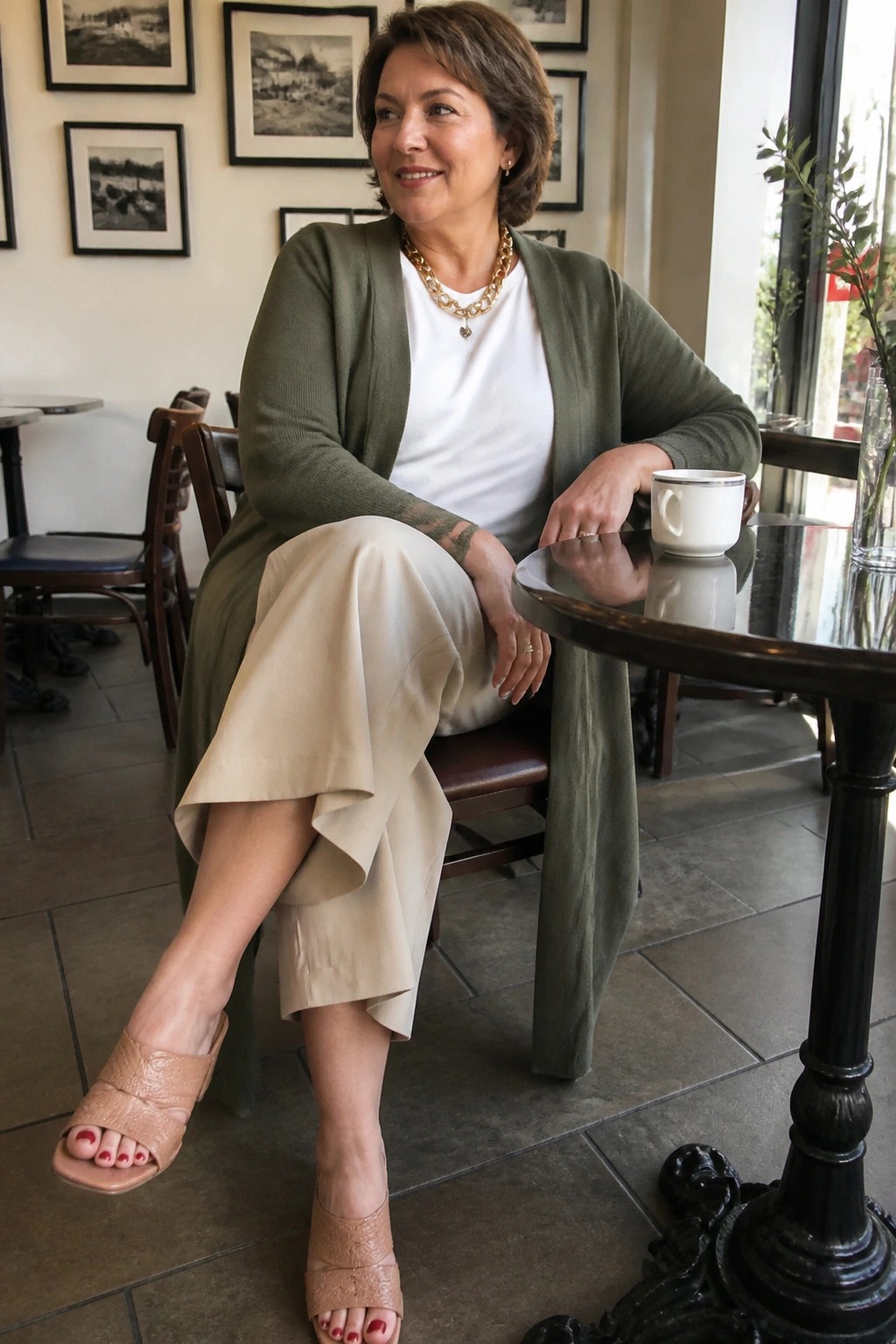 Woman in olive cardigan and beige pants seated at cafe table with coffee cup