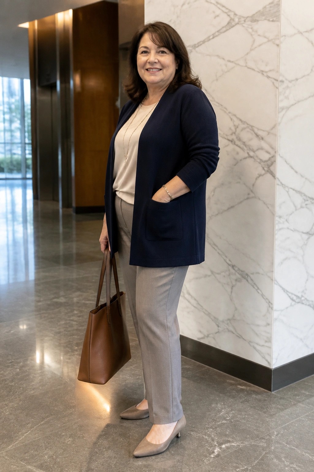 Smiling woman in navy cardigan and gray pants holding brown tote bag in marble lobby