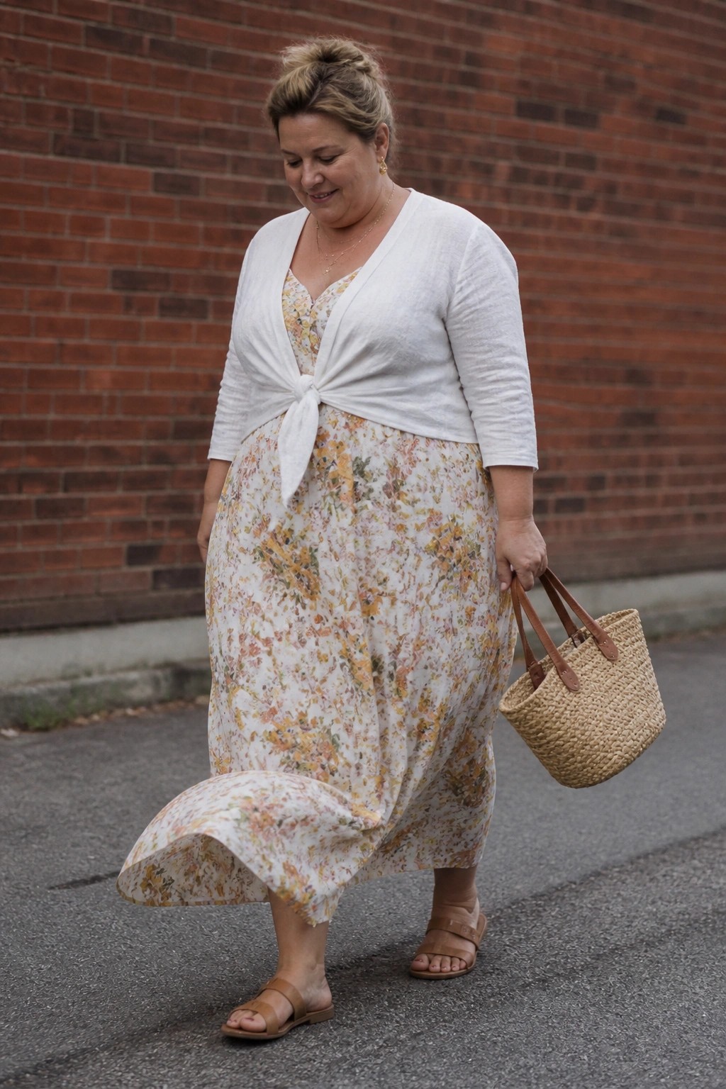 Curvy woman in floral dress and knotted white cardigan holding woven straw bag by brick wall