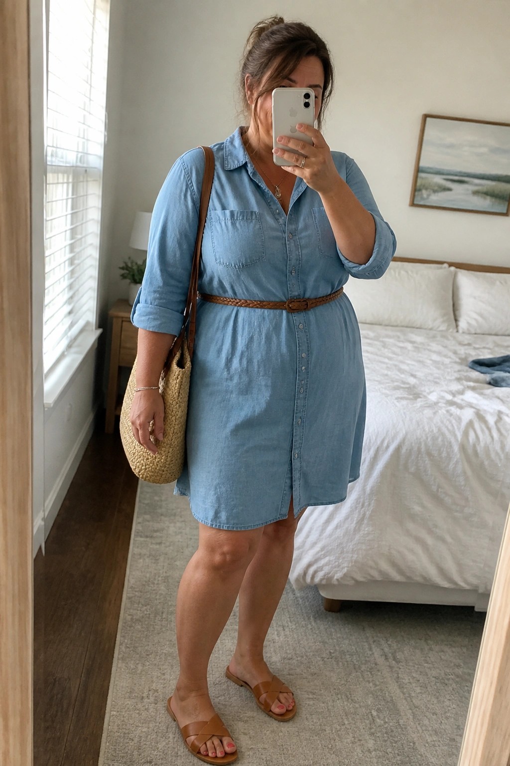 Woman in light blue denim shirt dress taking mirror selfie in bedroom