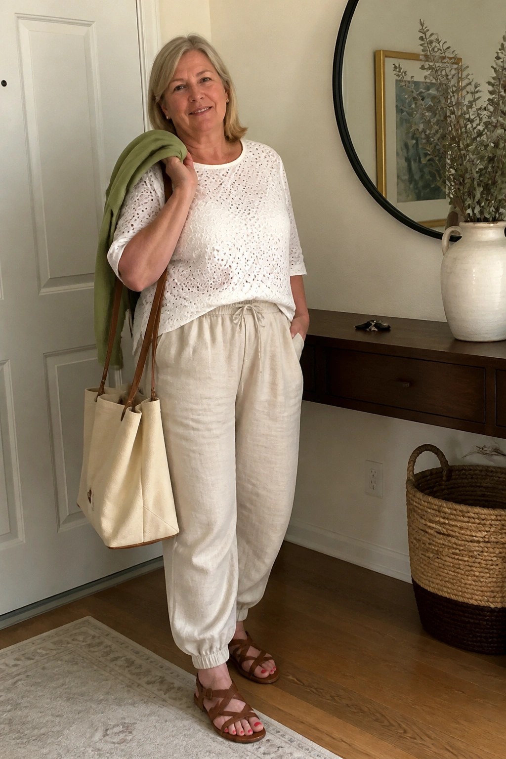 Woman in white eyelet top and cream linen pants holding green sweater and tote.