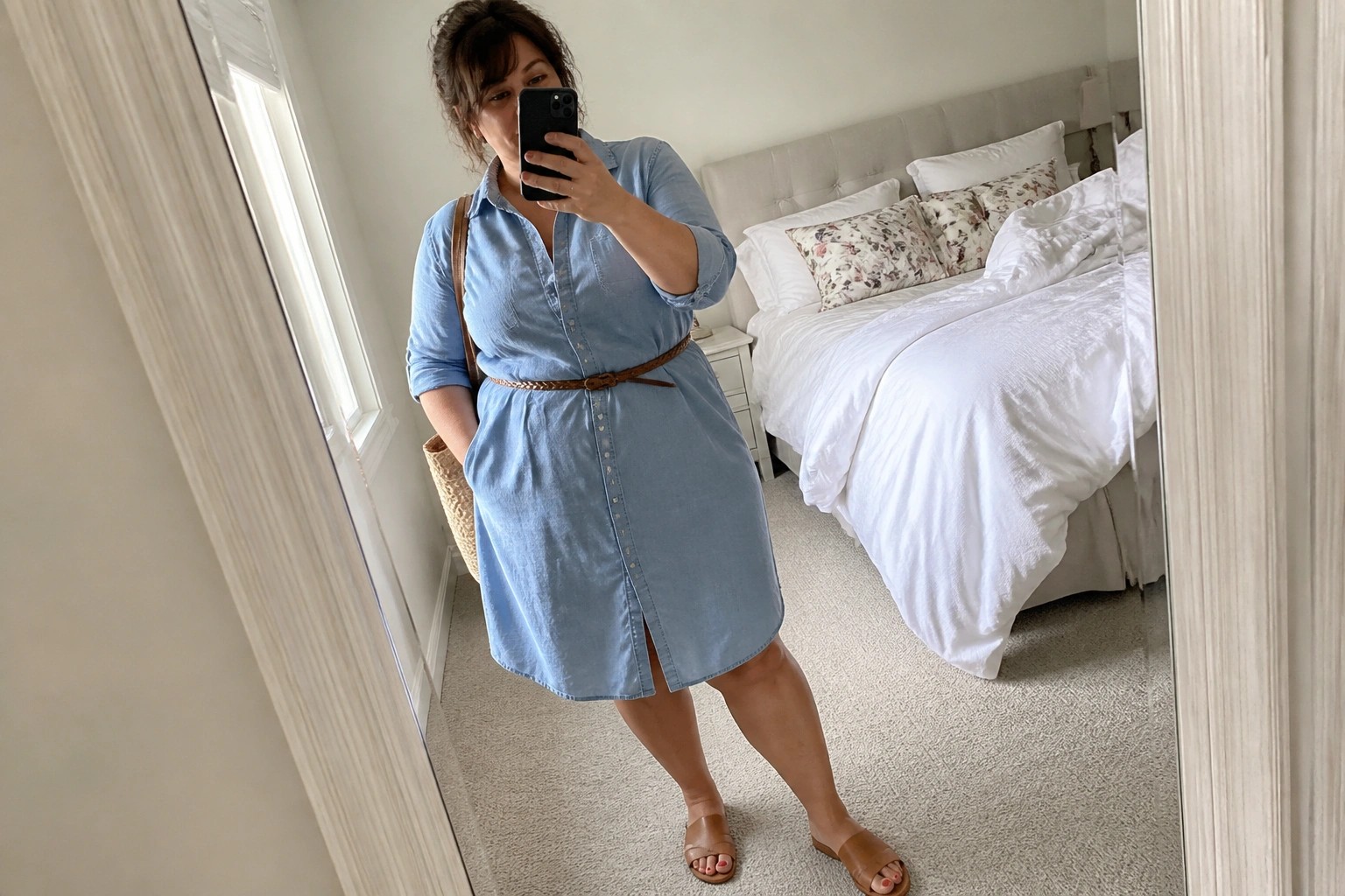 Woman in light blue denim shirt dress taking mirror selfie in bedroom
