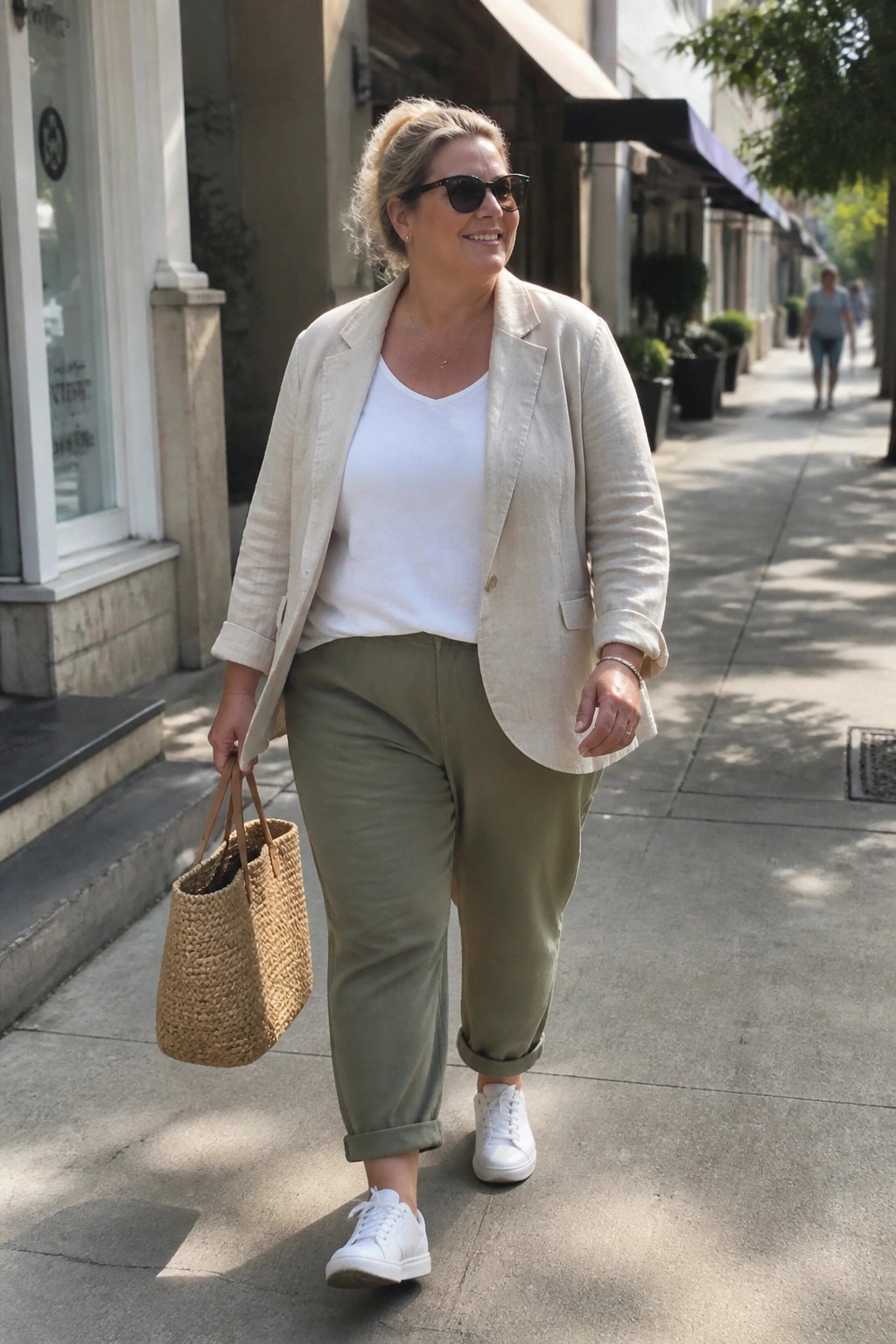 Smiling blonde woman in beige blazer, white top, olive pants, white sneakers with straw tote on sidewalk