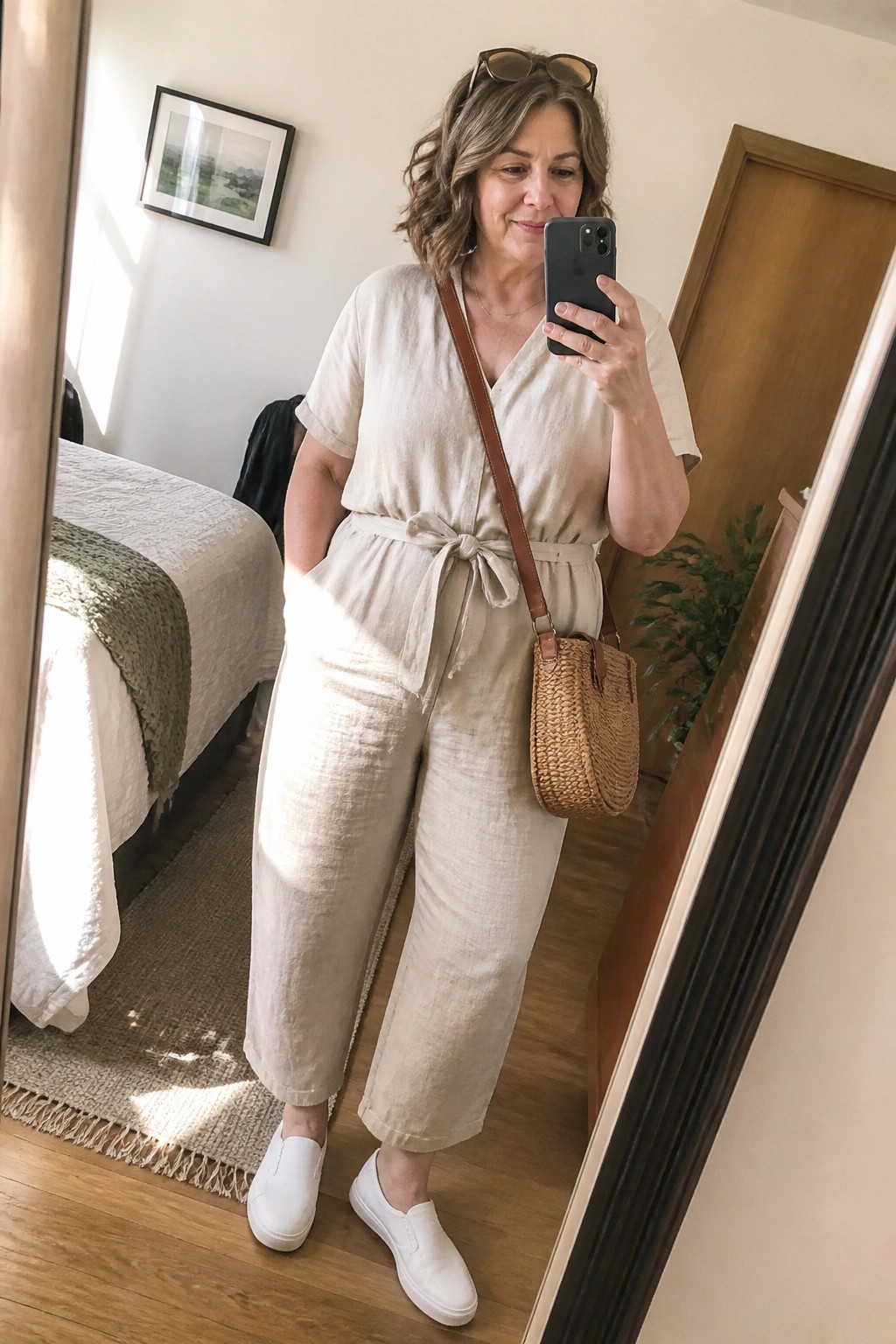 Woman in beige linen jumpsuit takes mirror selfie with woven bag and phone