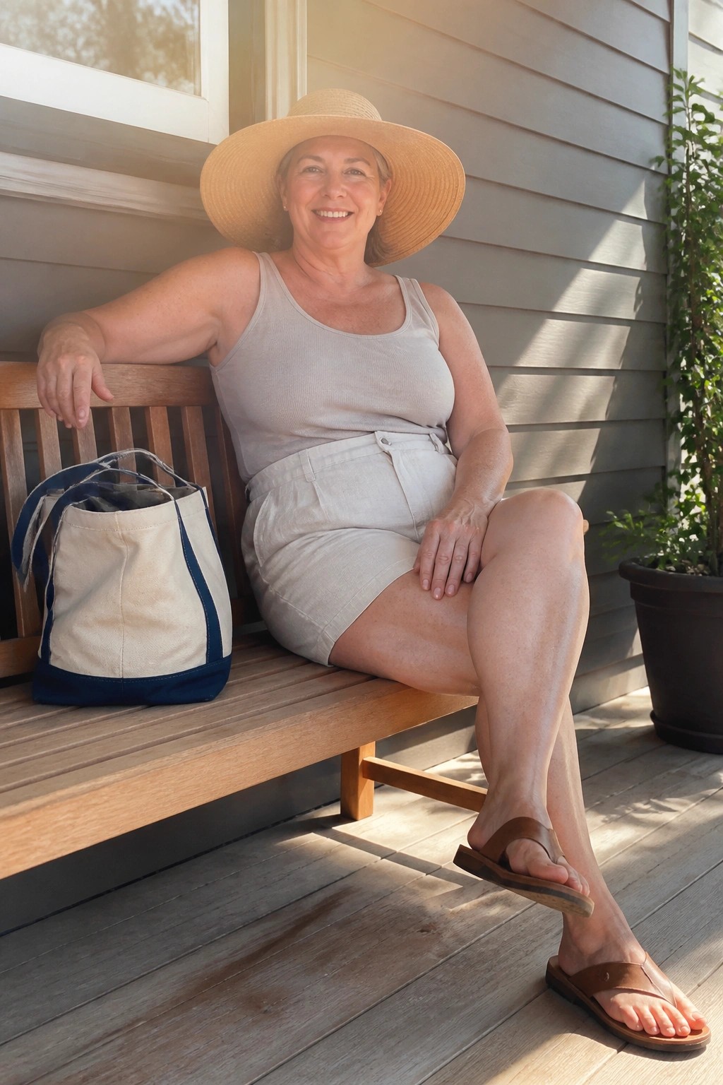 Plus size woman over 50 in a light beige ribbed tank top and matching linen skirt with a wide straw hat brown slide sandals and a canvas tote bag resting on a wooden bench.
