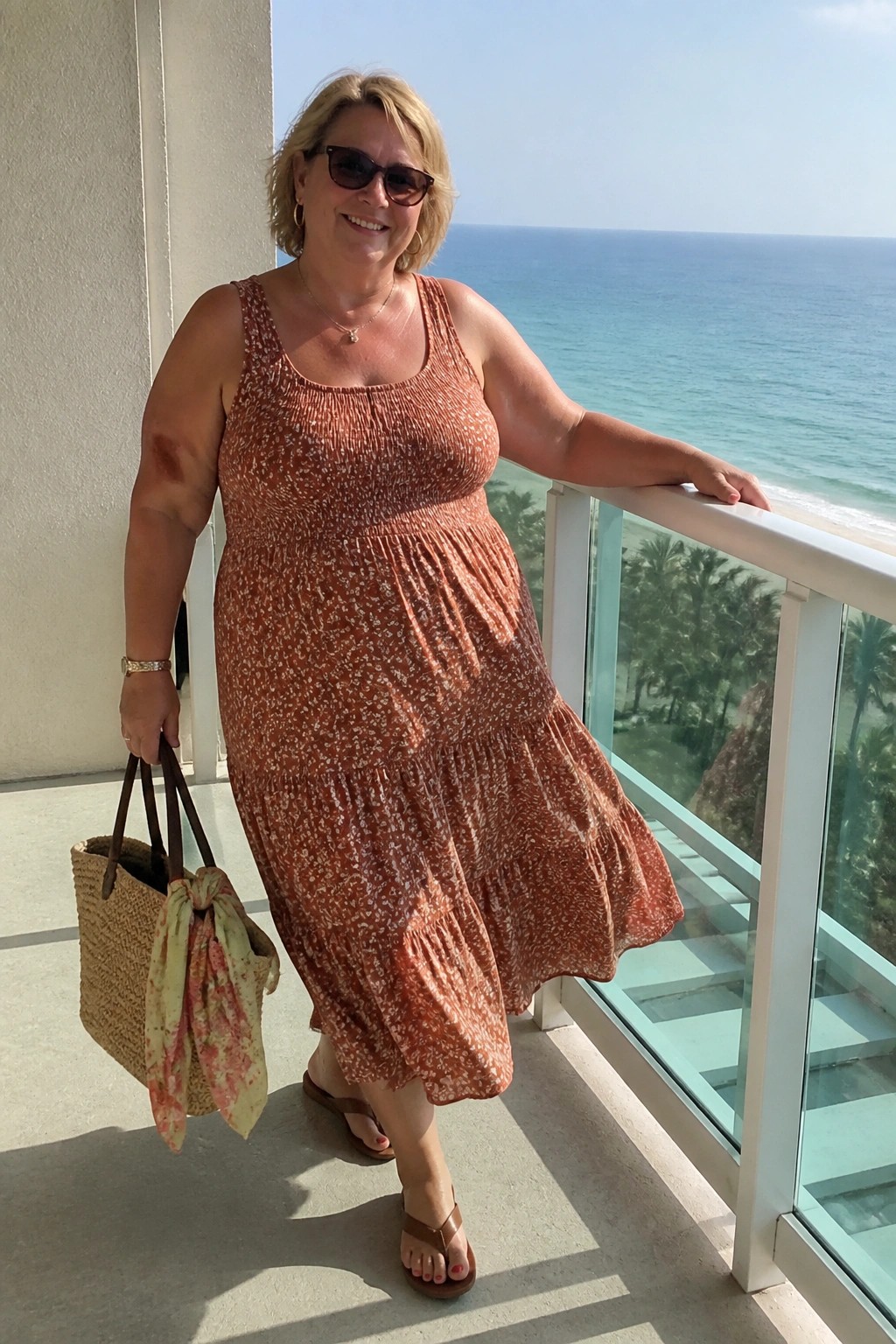A plus size woman over 50 wearing a tiered rust floral print midi sundress with wide straps, holding a straw tote bag with a tied scarf, paired with brown flip flops and sunglasses on a balcony.