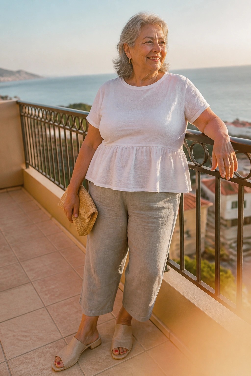 Gray-haired woman in white peplum top and gray pants on sunny ocean balcony
