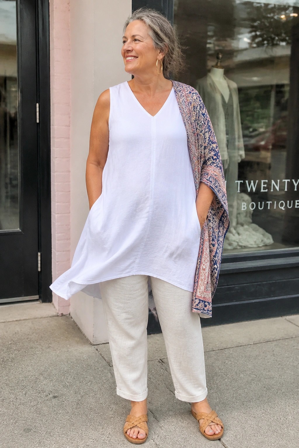 Smiling gray-haired woman in white sleeveless tunic, pants, and patterned shawl outside boutique