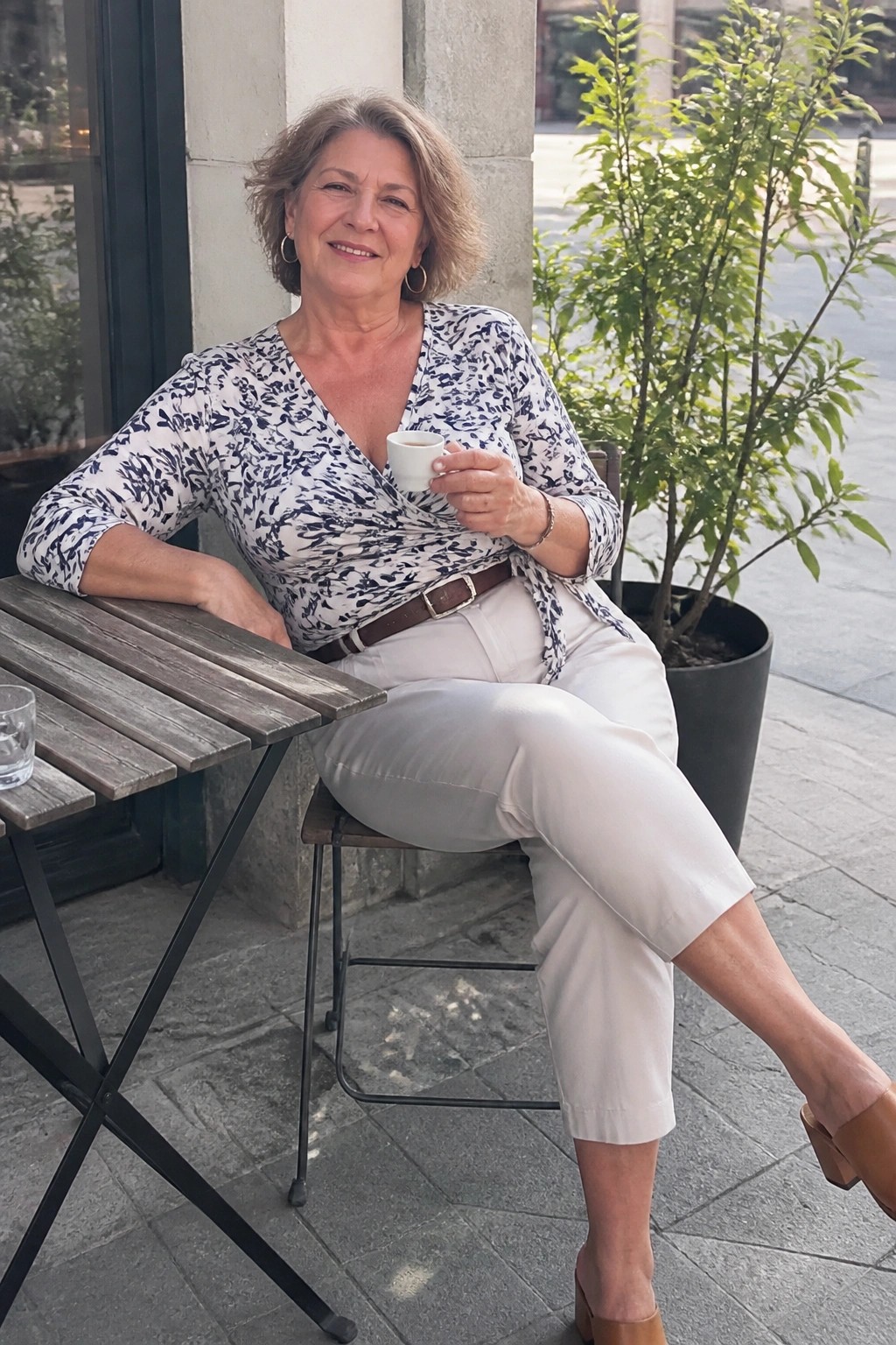 Smiling woman in blue floral top and white pants holding coffee at outdoor table
