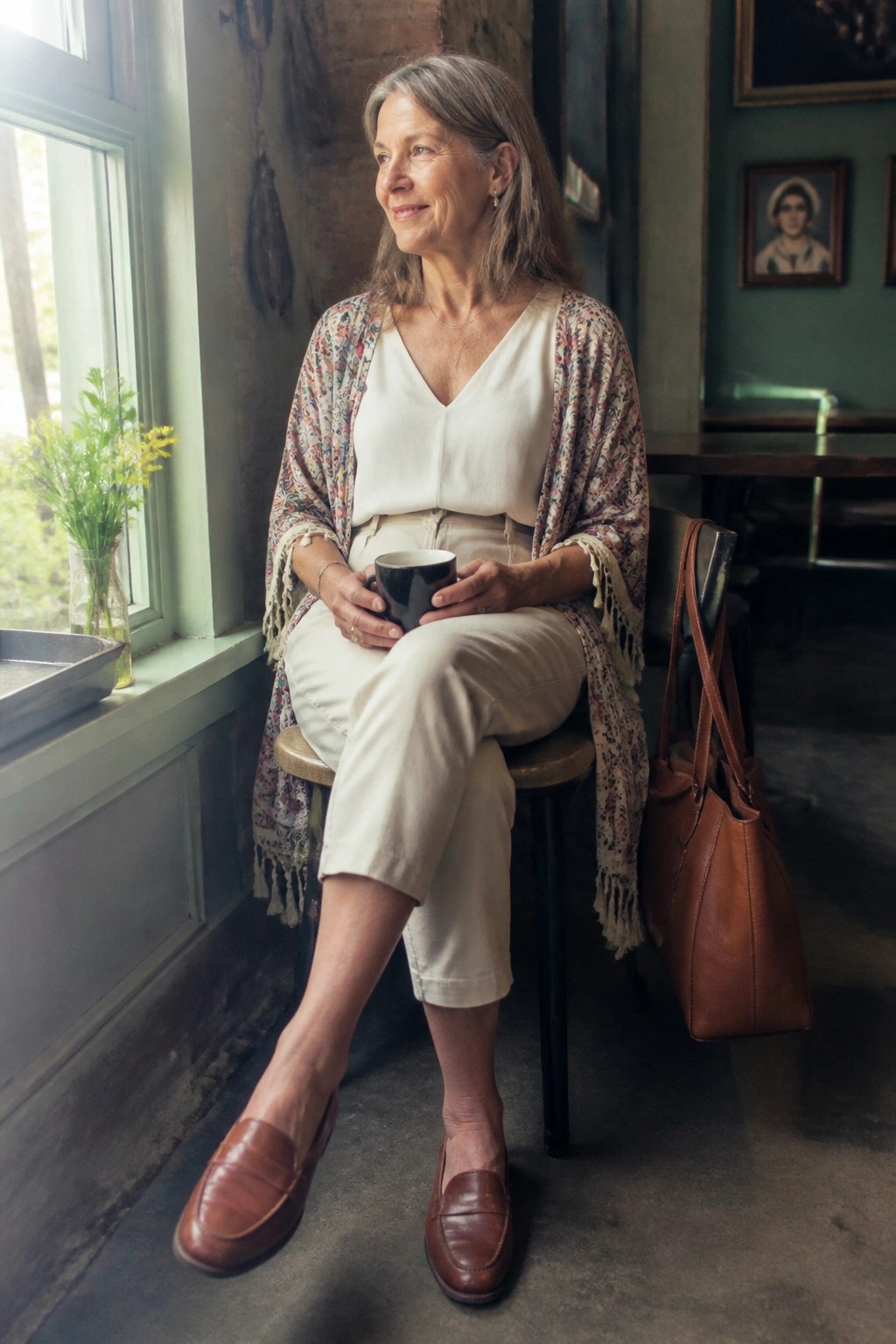 Woman in floral shawl and beige pants holding black mug by window