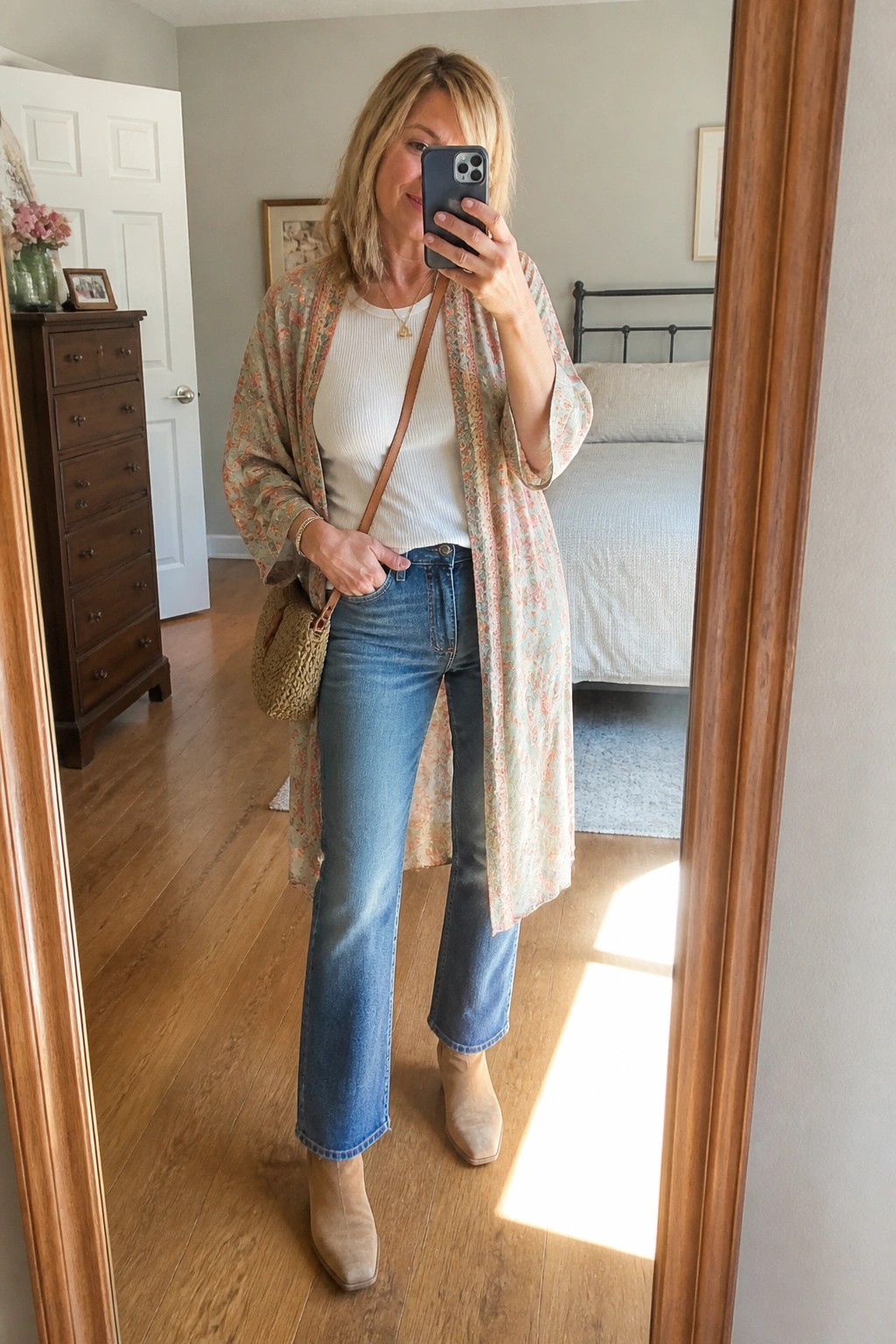Blonde woman in floral kimono cardigan, white top, and jeans taking mirror selfie.