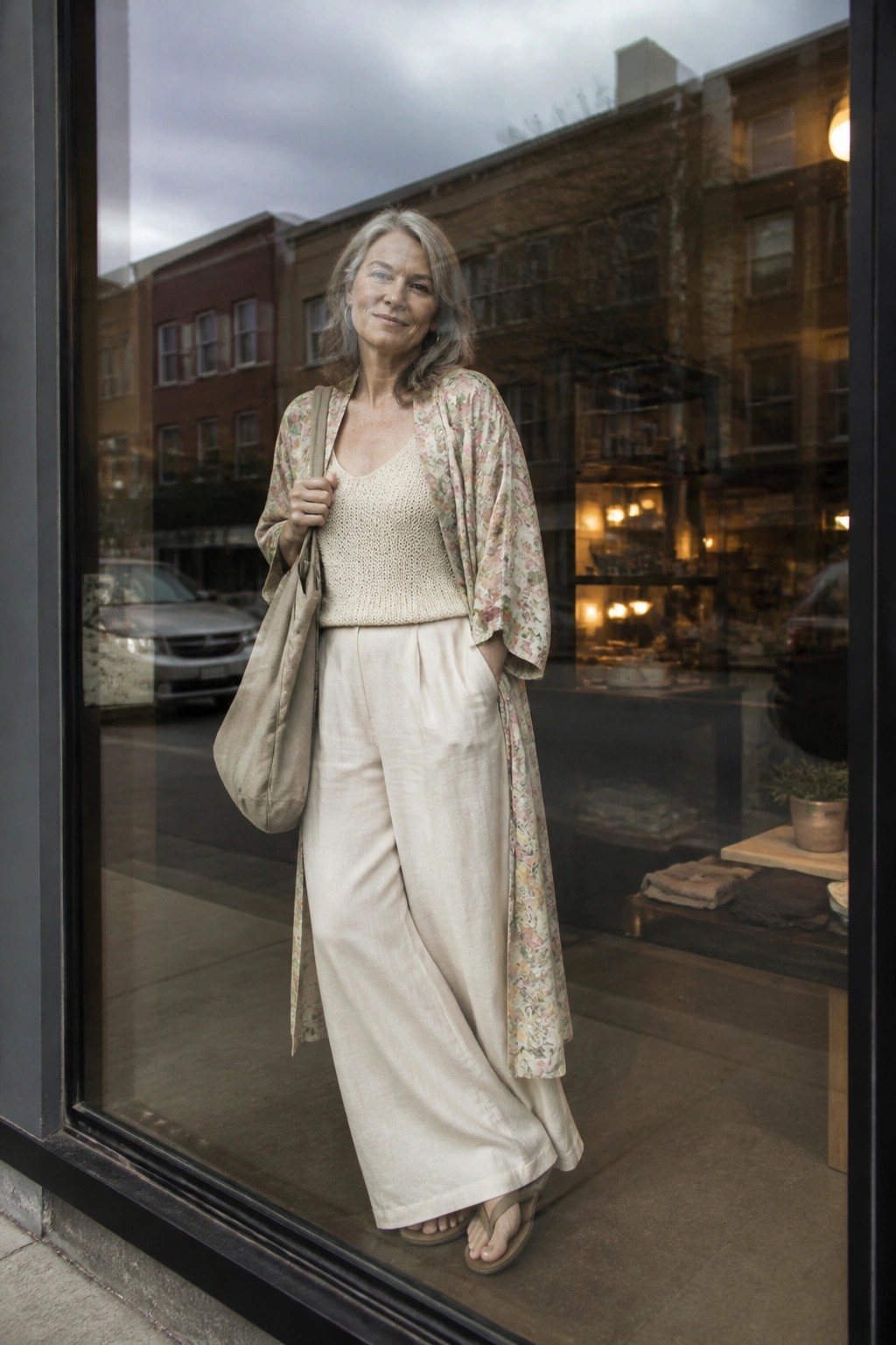 Woman in floral kimono over knit top and linen pants holding tote by shop window