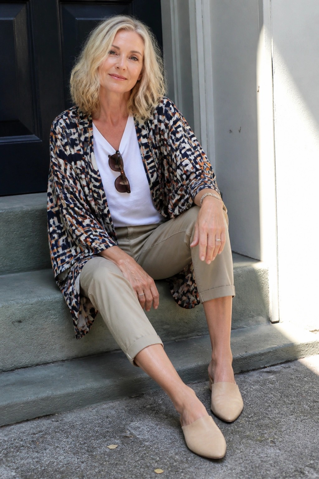 Blonde woman in patterned jacket and beige pants seated on stone steps
