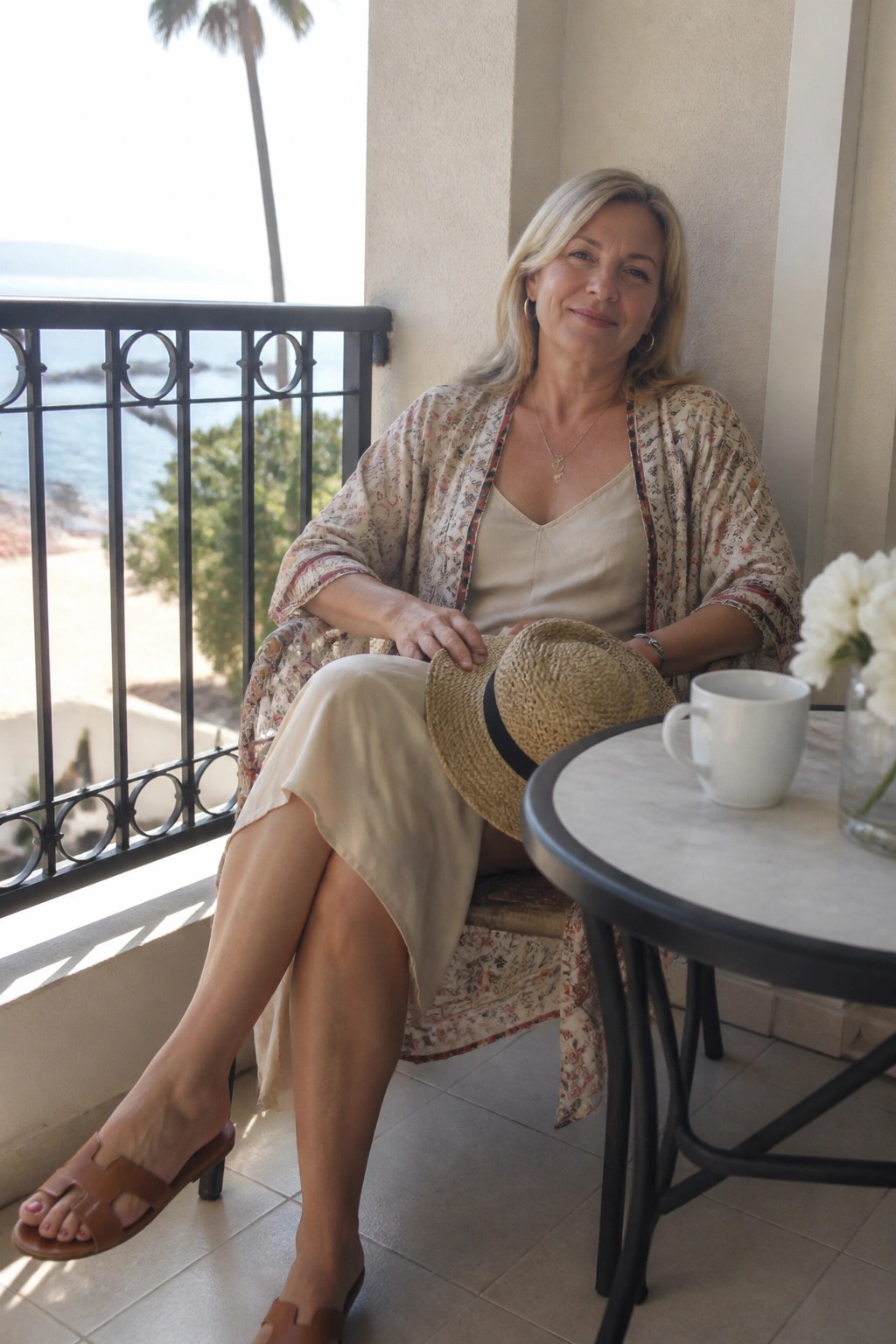 Blonde woman in beige dress and patterned robe on balcony holds straw hat by coffee cup overlooking sea.